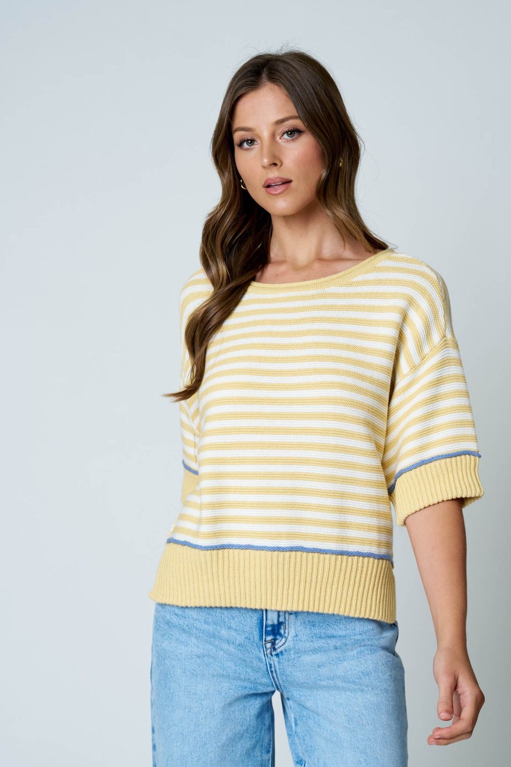 Stripe Raw Edge Detail Contrast Trim Sweater