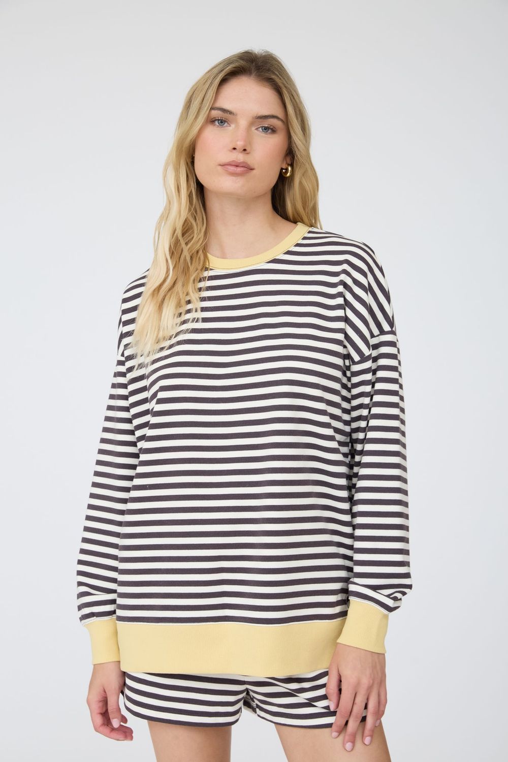 Striped Boxy Long Sleeve Contrast Knit short set