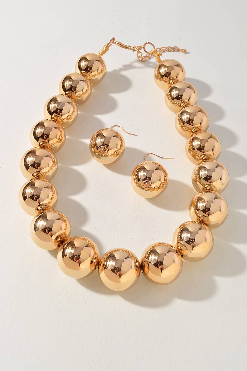 Chunky Metallic Ball Beaded Necklace &amp; Earrings Set, Color: Gold