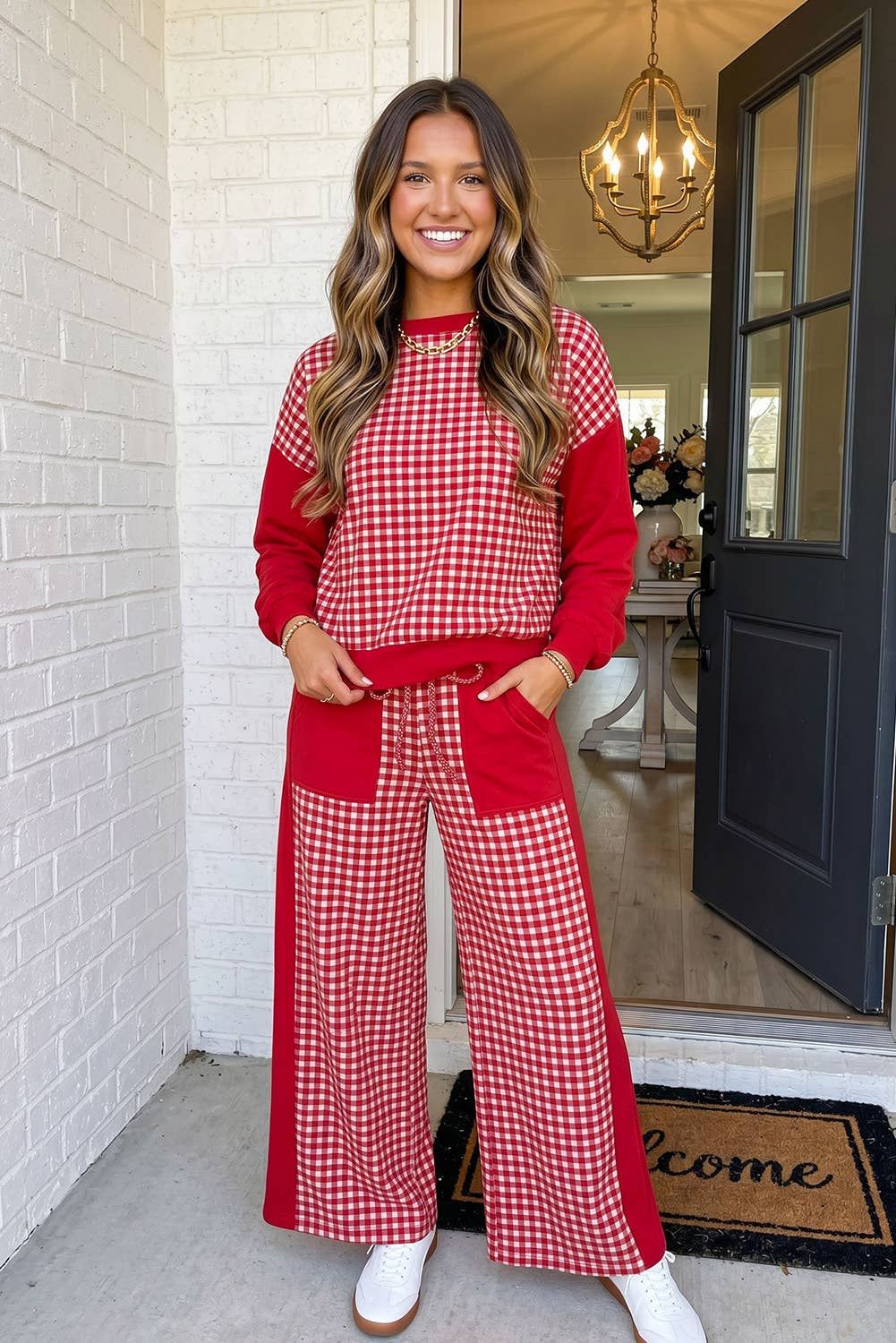 LAS Plaid Patchwork Crew Neck Wide Leg Pants Set (S-XL)