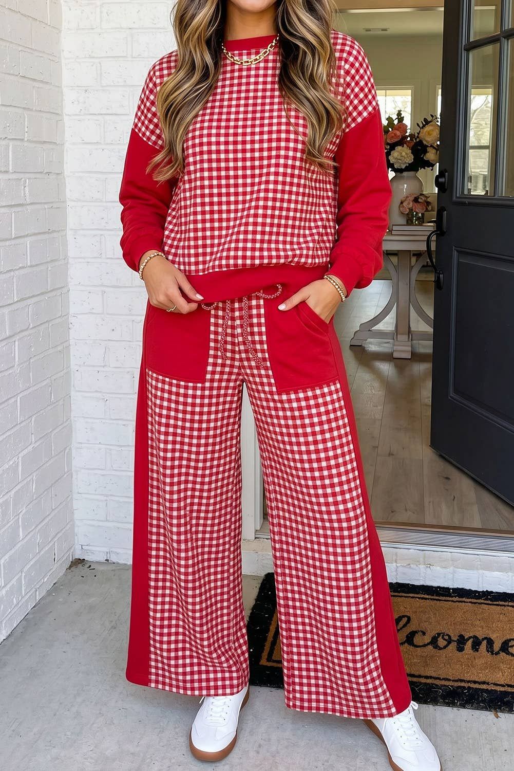 LAS Plaid Patchwork Crew Neck Wide Leg Pants Set (S-XL)