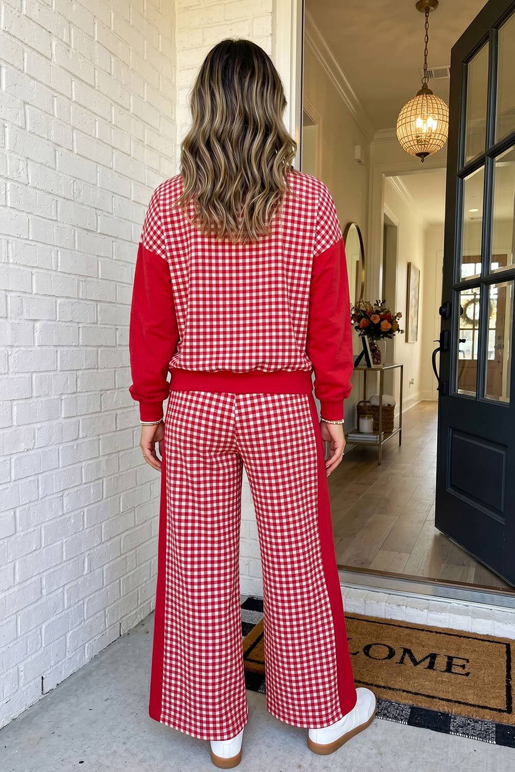 LAS Plaid Patchwork Crew Neck Wide Leg Pants Set (S-XL)
