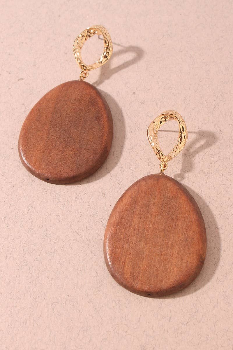 Wood Teardrop Statement Earrings, Color: Gold Brown