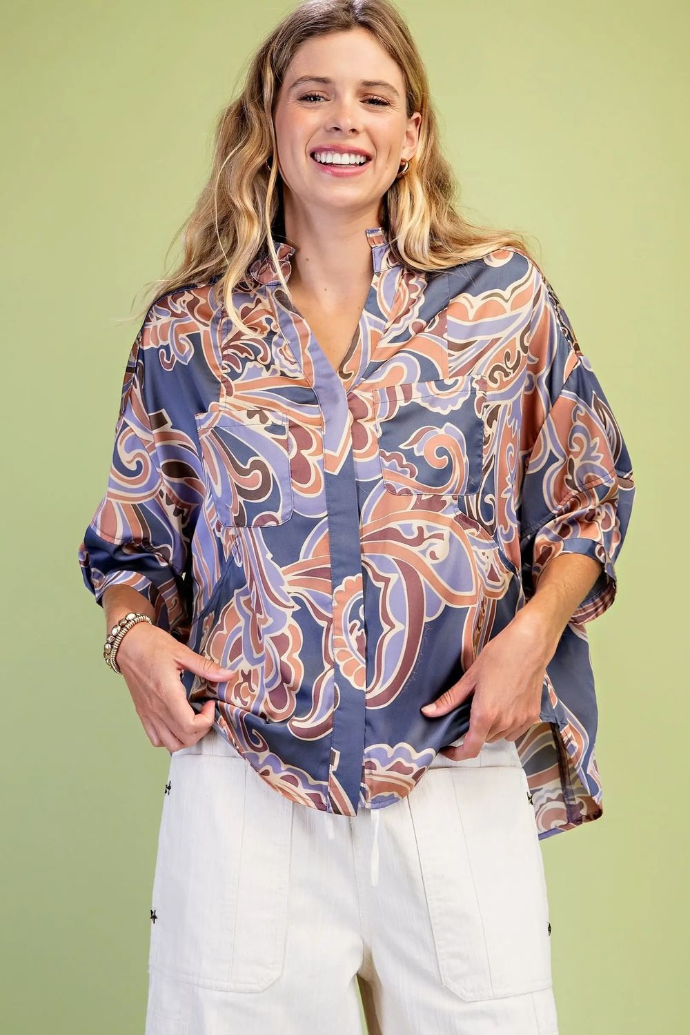 Button down satin abstract blouse
