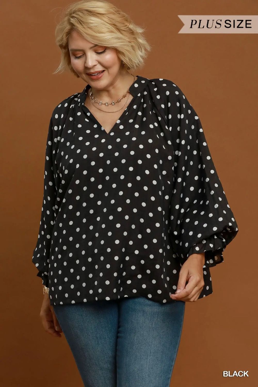 Polka Dot Split Neck Blouse with Ruffle Cuffs 2