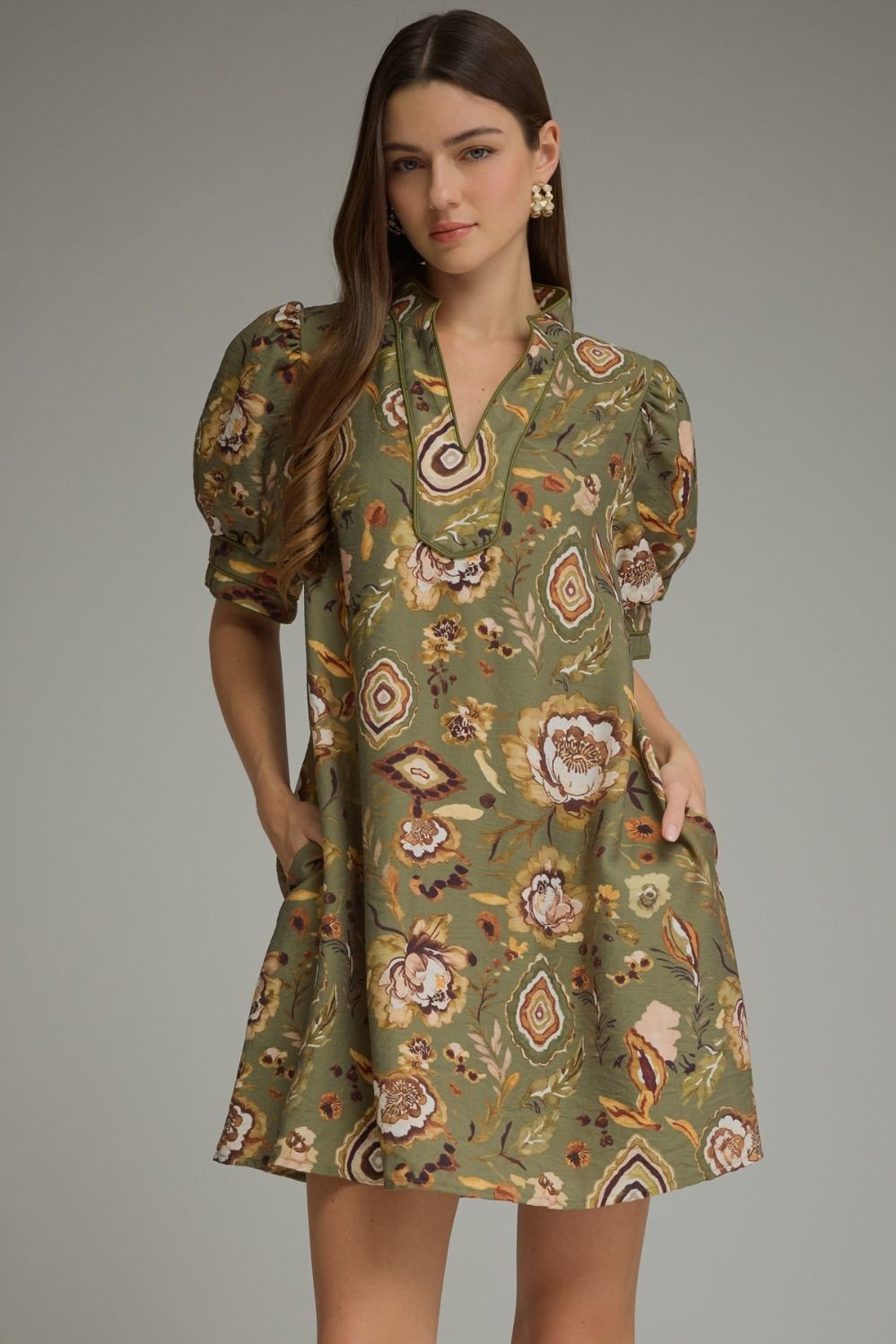 Olive Puff sleeve Mini Dress