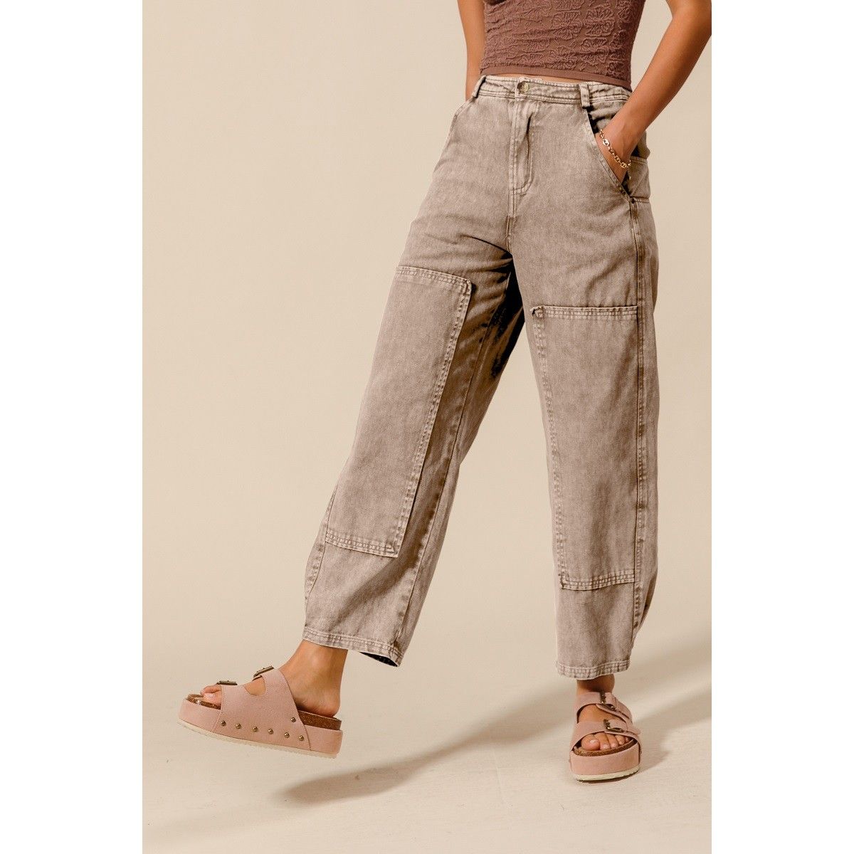 Mineral Washed Mid Rise Barrel Shape Pants 2