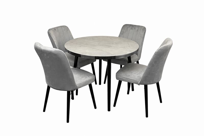 High Gloss Round Wooden + 4 Velvet Chairs