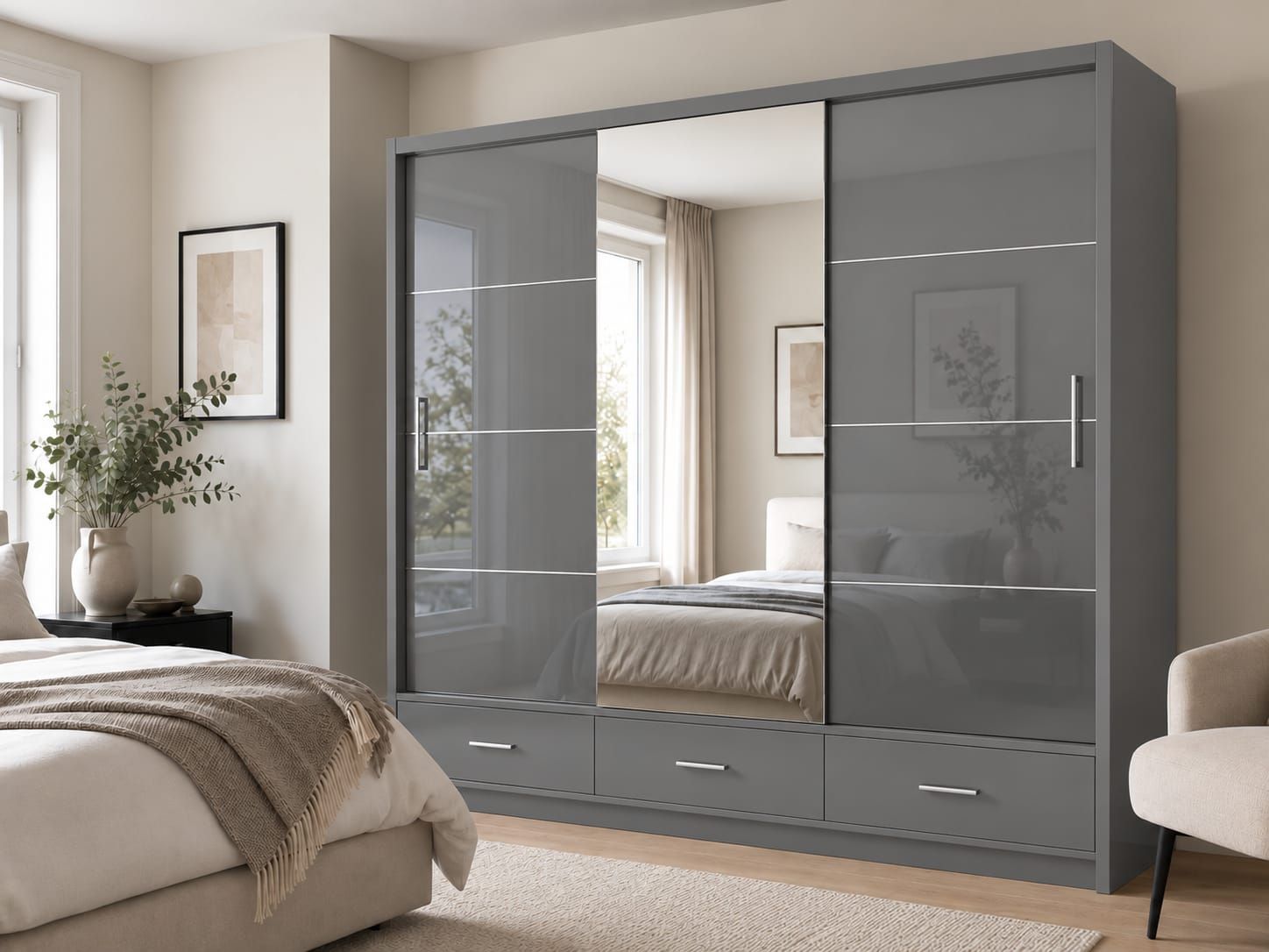 Florence 255cm Wide 3 Door High Gloss Mirror Wardrobe