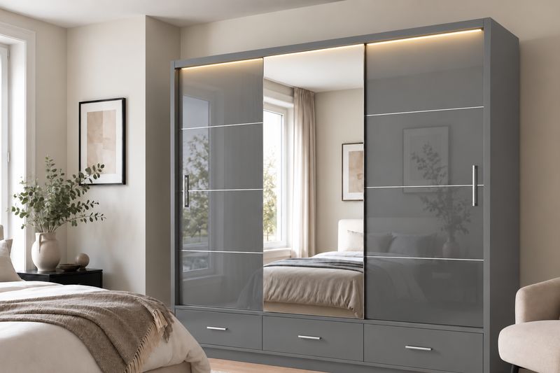 Florence 255cm Wide 3 Door High Gloss Mirror Wardrobe