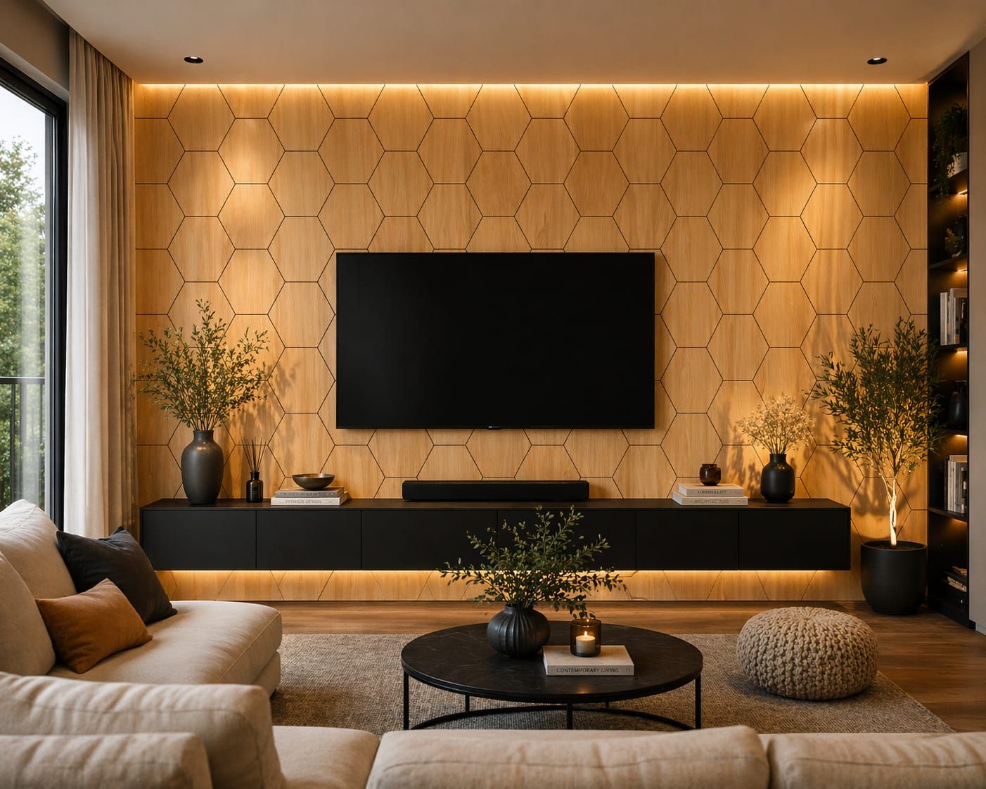 Panel acústico hexagonal decorativo de pared en MDF y fieltro PET, fonoabsorbente efecto madera 660×810×18MM