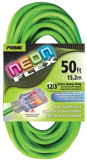 Prime Neon Flex Cords - 50ft 12/3 SJTW Neon Green