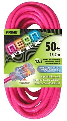 Prime Neon Flex Cord - 50ft 12/3 SJTW Neon Pink