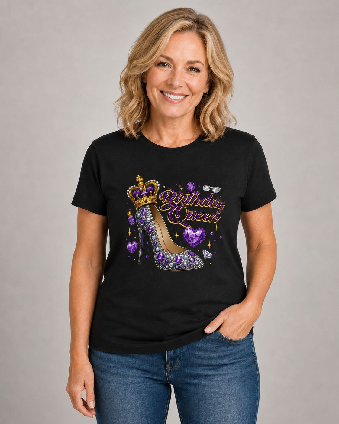 Birthday Queen Glam Shirt with Crown, High Heel &amp; Purple Gems