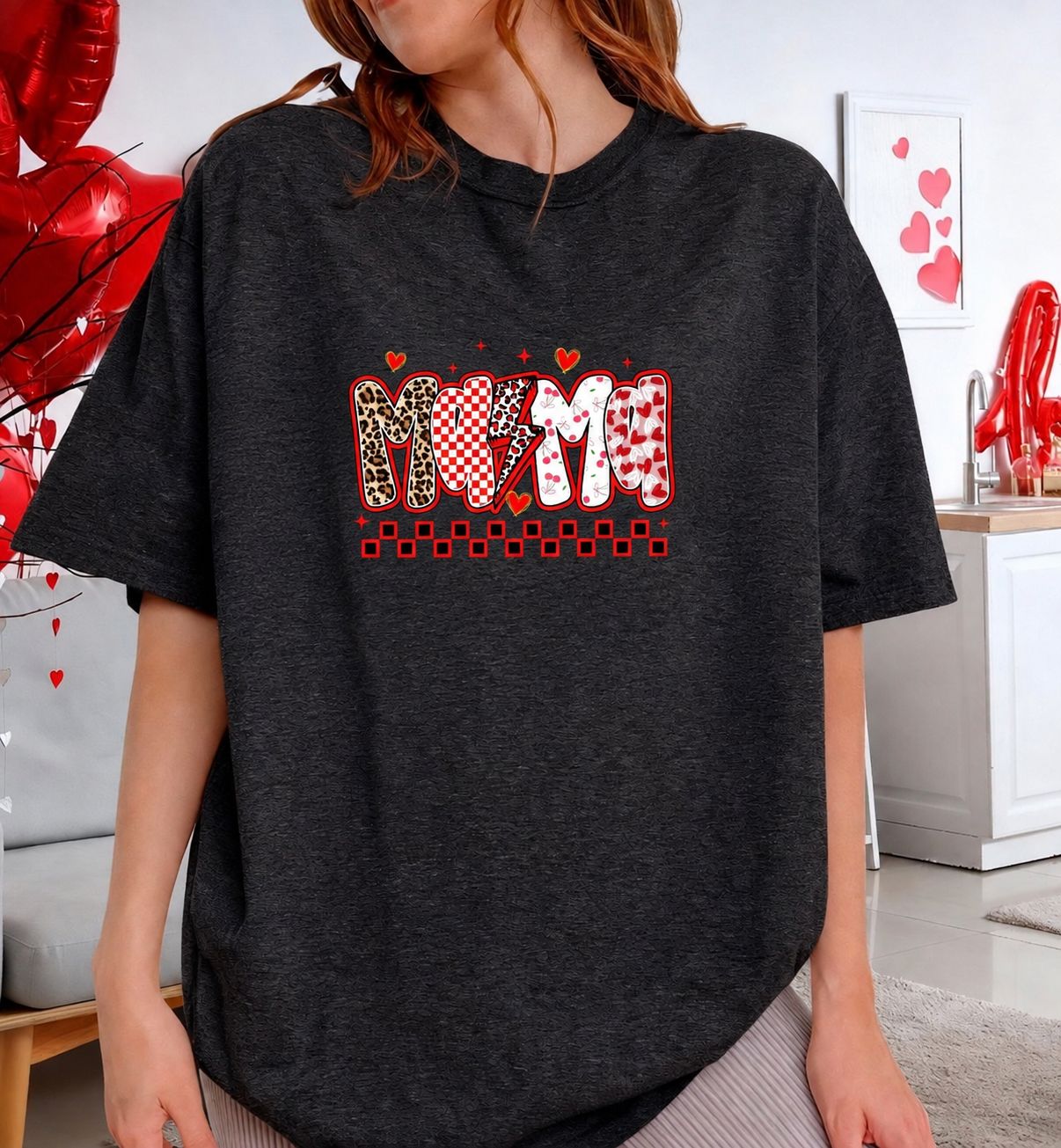MAMA Valentine Mama Shirt | Leopard &amp; Checkered Heart Graphic Tee | Cute Mom Valentine’s Day T-Shirt