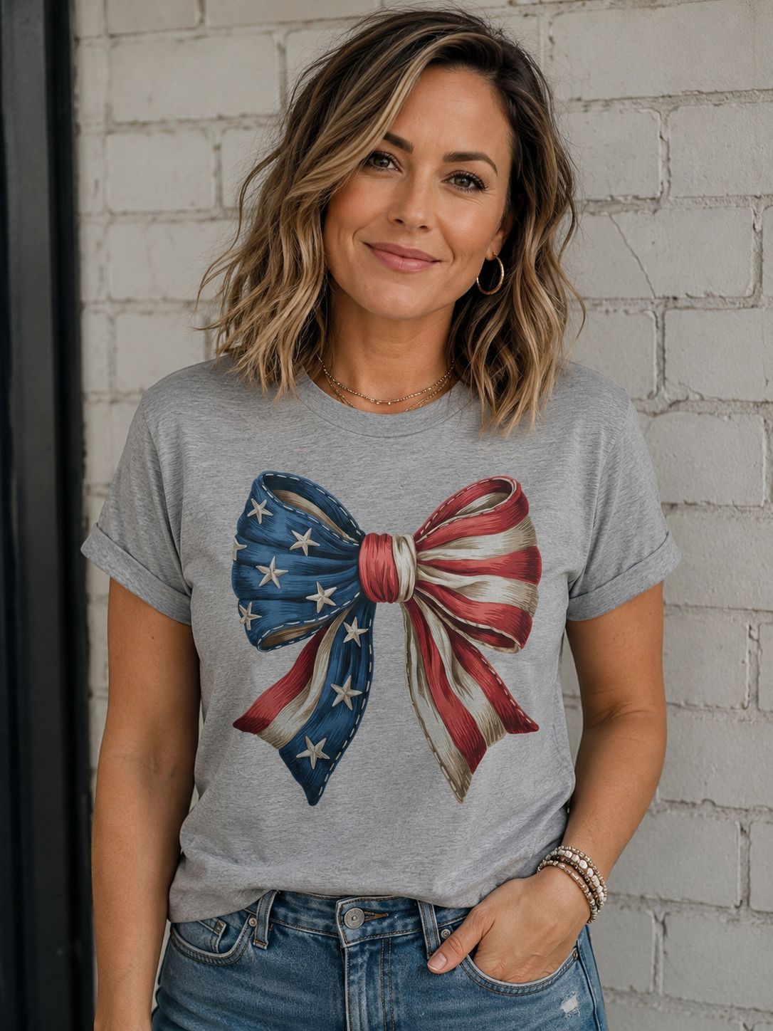 Patriotic American Flag Bow Shirt | Fourth of July Graphic Tee for Women