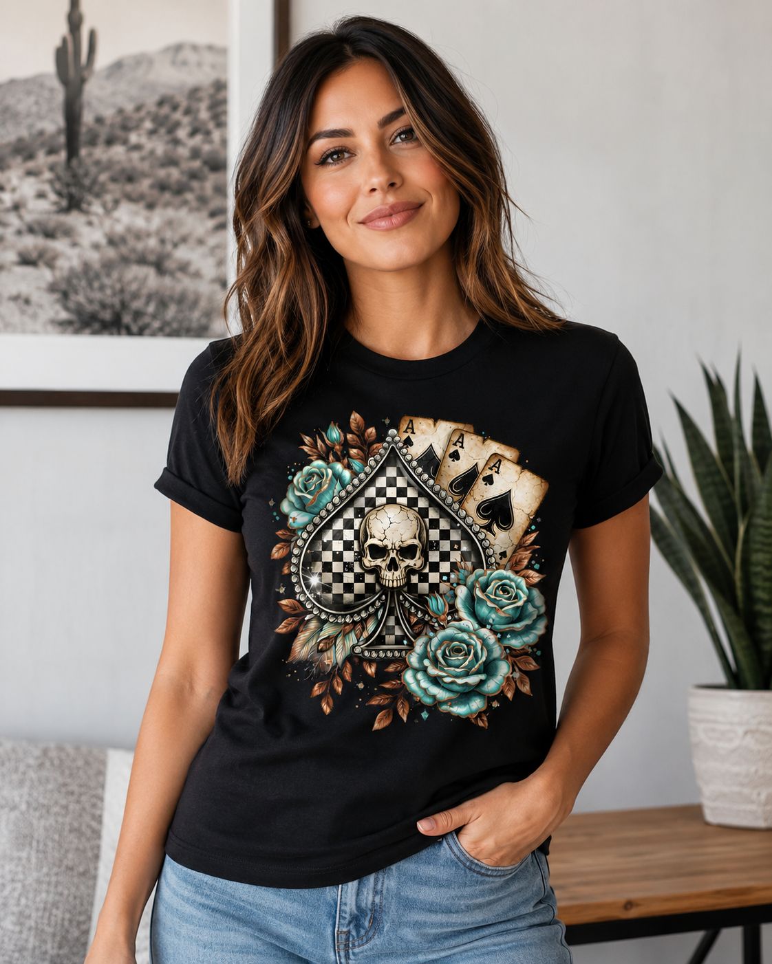 Skull Spade Poker Graphic T-Shirt | Ace Card Floral Tee