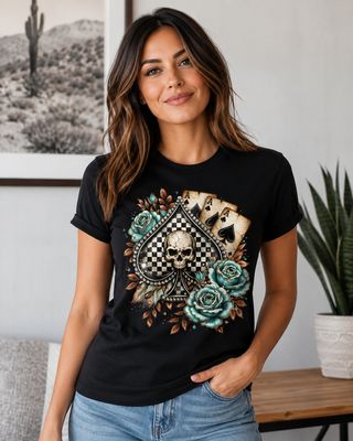 Skull Spade Poker Graphic T-Shirt | Ace Card Floral Tee