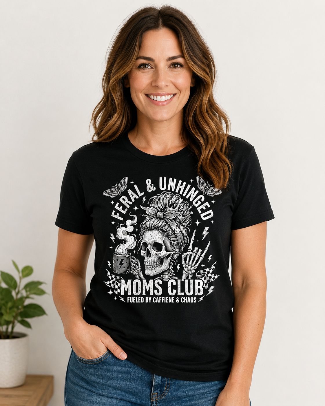 Feral &amp; Unhinged Moms Club Shirt – Fueled by Caffeine and Chaos Graphic Tee