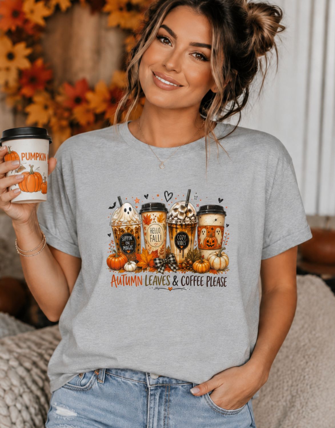 Autumn Leaves &amp; Coffee Please DTF Transfer | Fall Coffee Shirt Design | Pumpkin Ghost Halloween