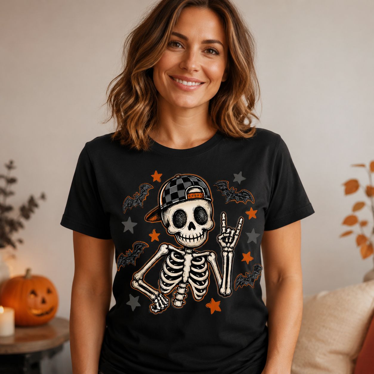Cool Skeleton Halloween Shirt – Rock Hand Graphic Tee with Bats and Stars