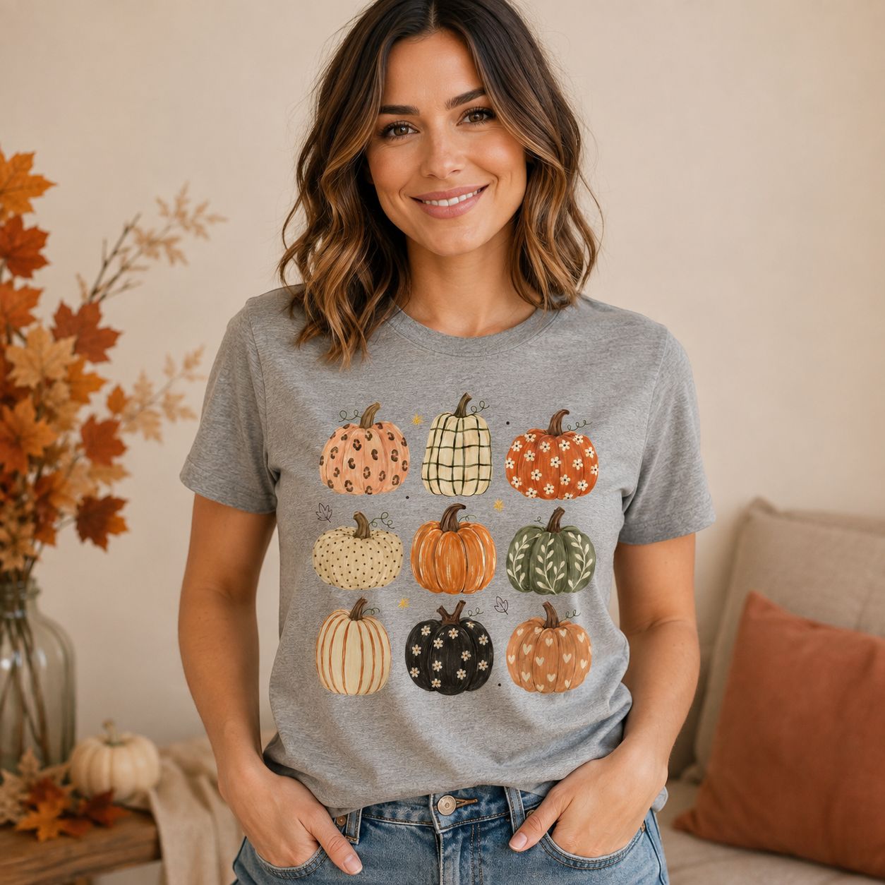 Watercolor Pumpkin Patch Heather Gray T-Shirt – Cute Fall Graphic Tee for Women
