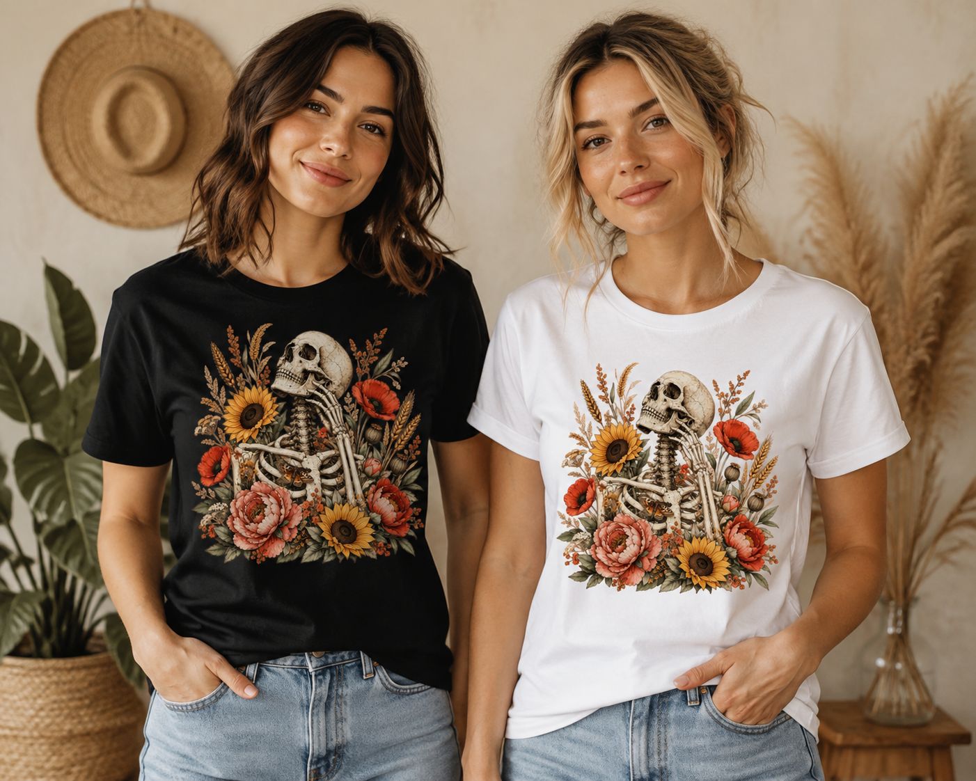 Floral Skeleton Skull T-Shirt – Gothic Fall Wildflower Graphic Tee