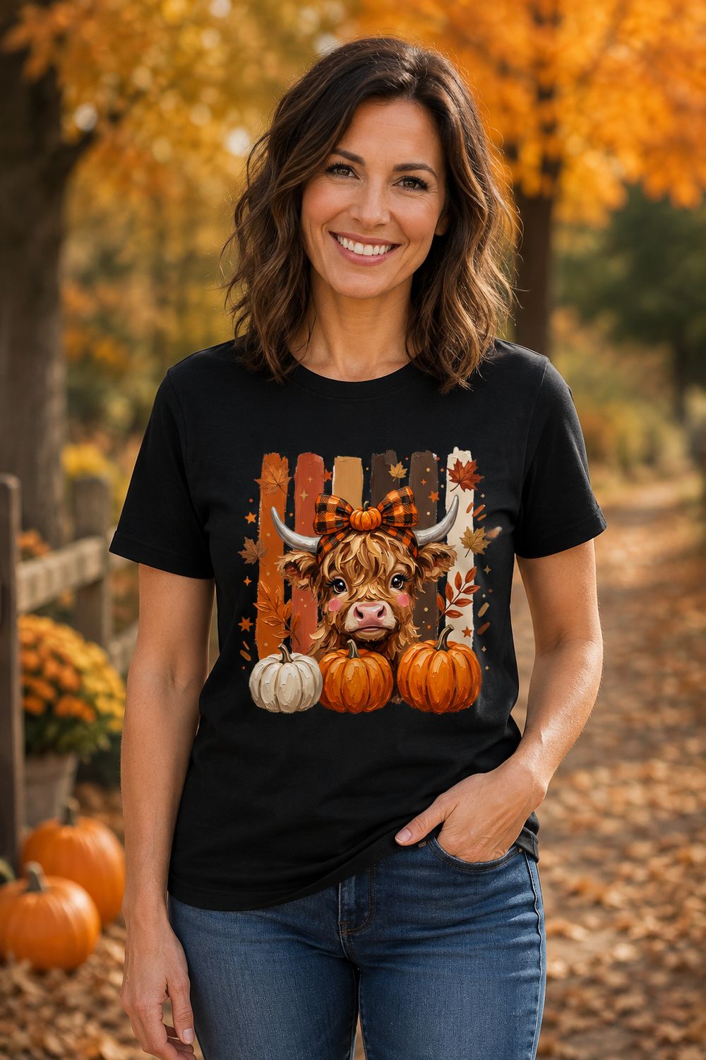 Cute Fall Highland Cow Pumpkin Shirt – Women’s Autumn Graphic Tee