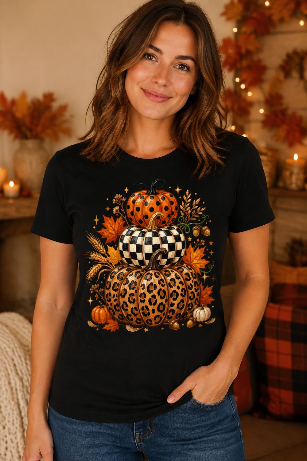 Fall Pumpkin Shirt – Leopard &amp; Checkered Pumpkin Graphic Tee
