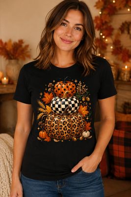 Fall Pumpkin Shirt – Leopard &amp; Checkered Pumpkin Graphic Tee