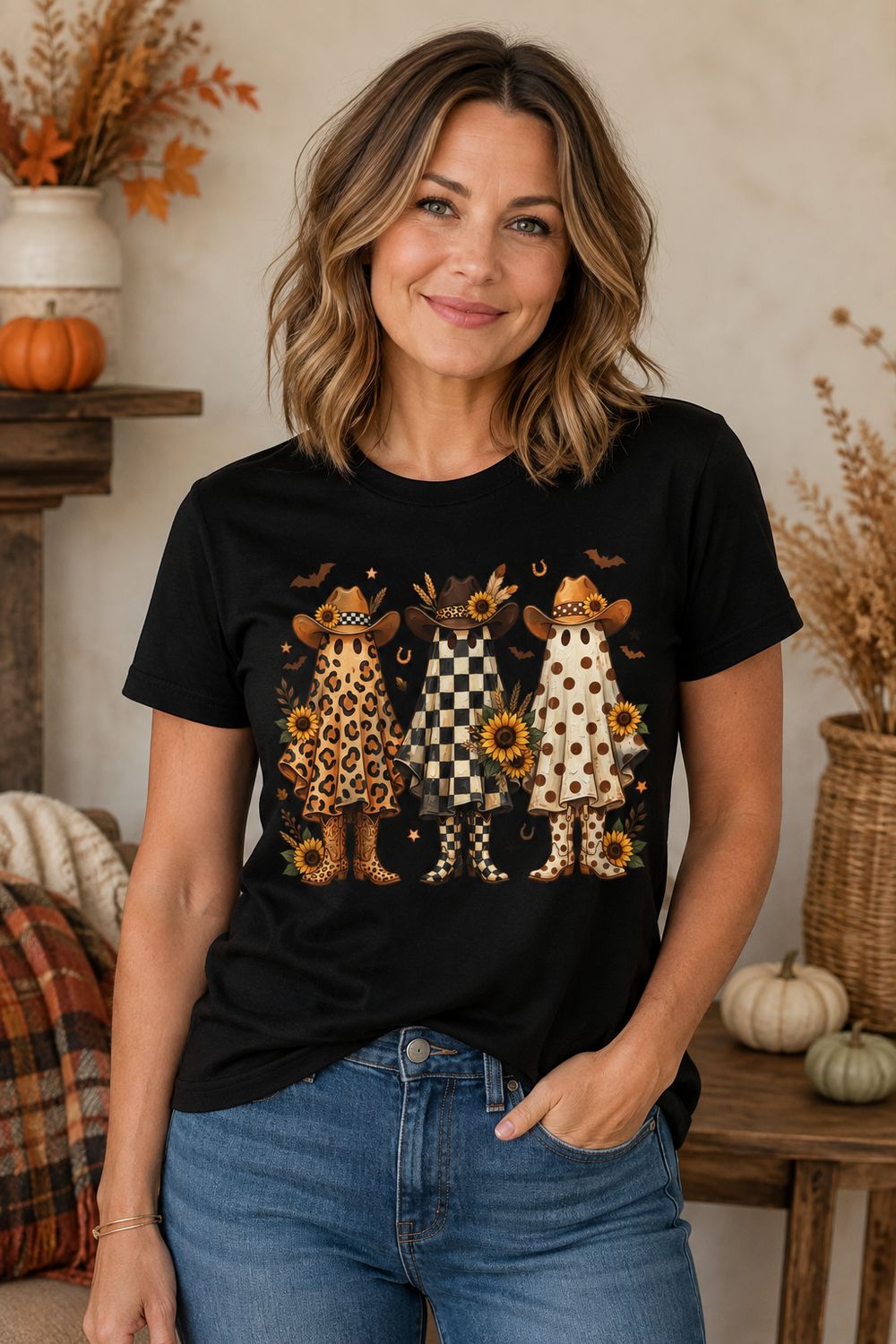 Western Halloween Ghost Shirt – Cowgirl Ghosts, Sunflowers &amp; Leopard Print Fall T-Shirt