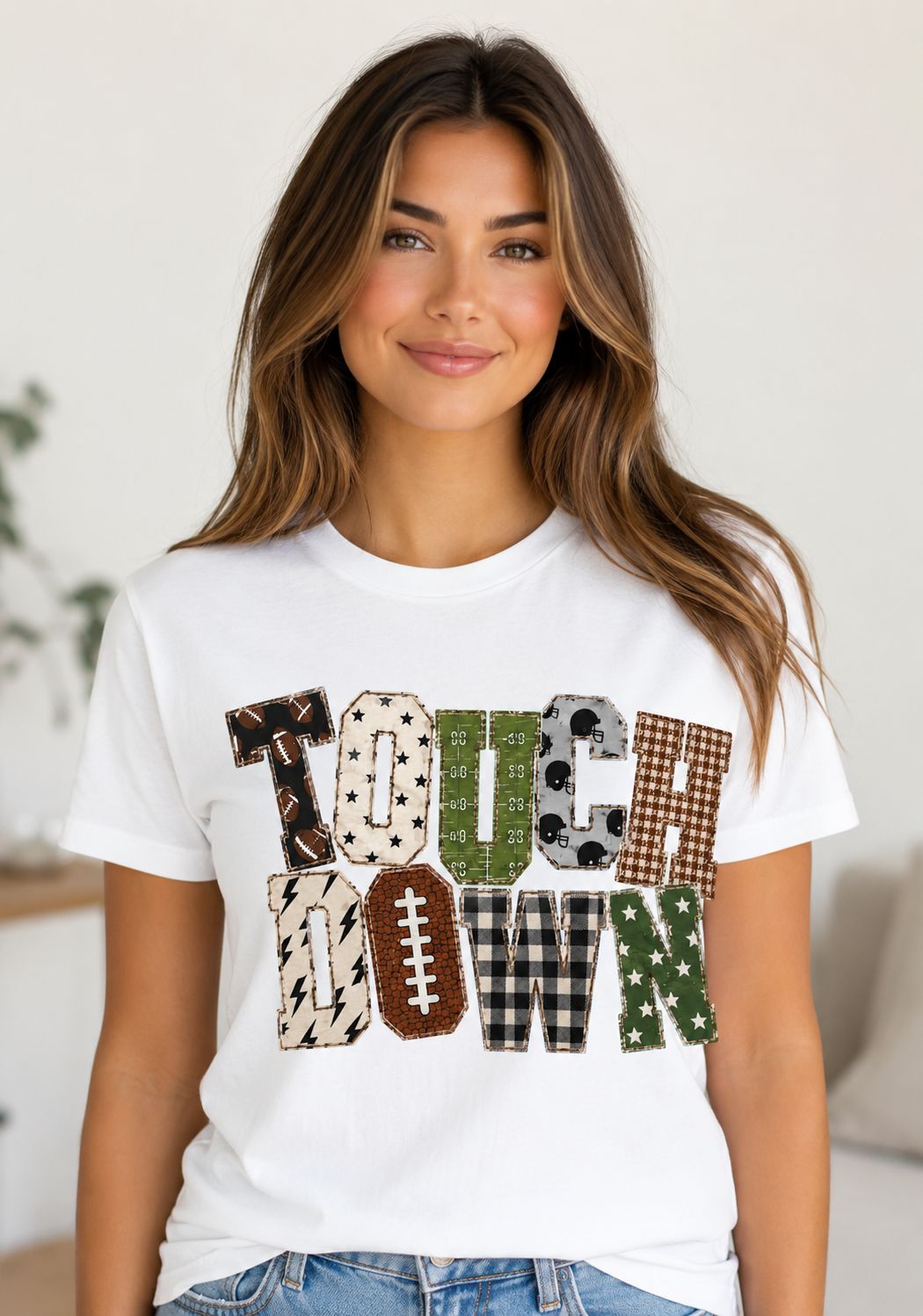 Touchdown Patchwork Football Shirt, Women’s Game Day Tee, Fall Football T-Shirt, Vintage Sports Shirt, Football Mom Gift