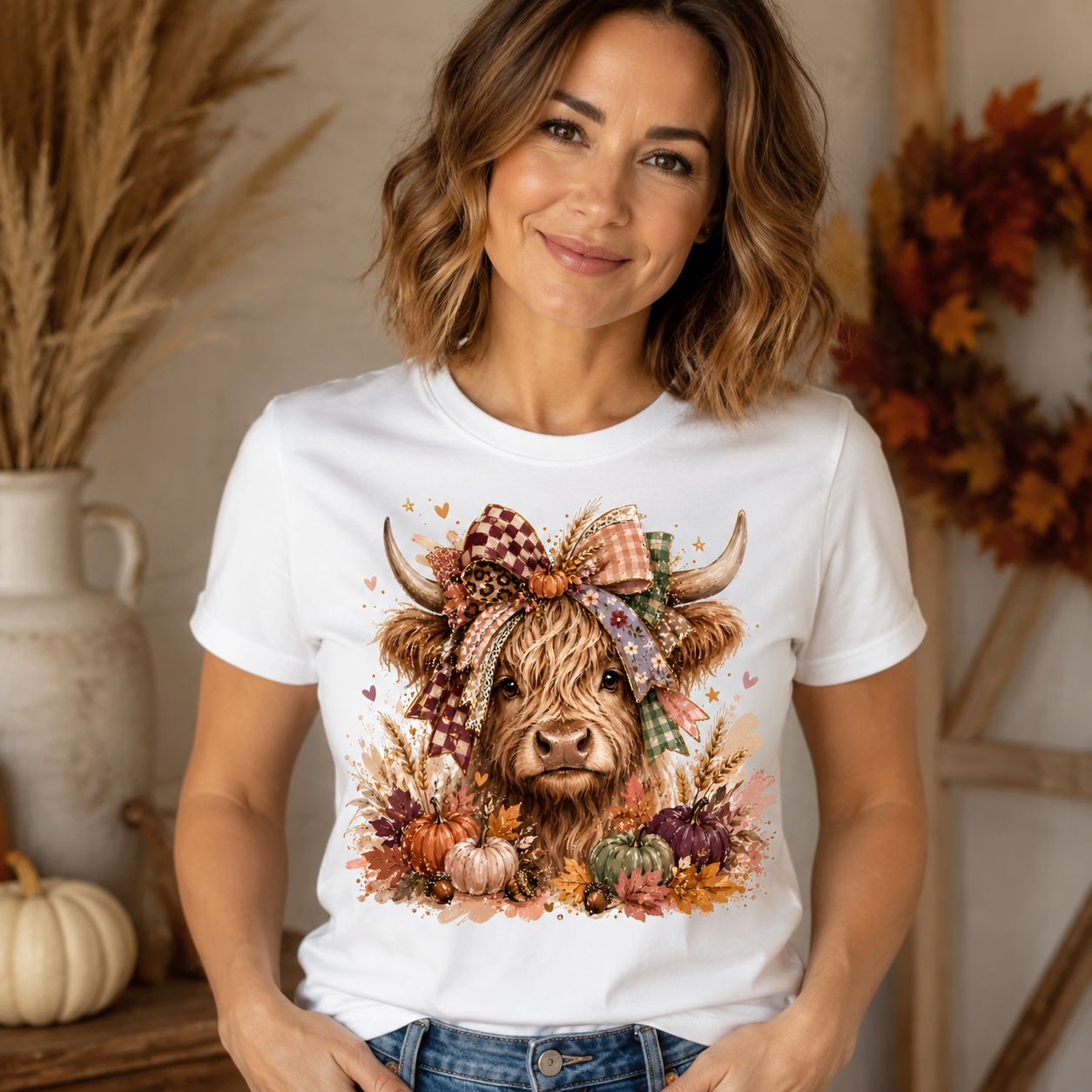Fall Highland Cow Shirt – Autumn Pumpkin and Bow Graphic Tee