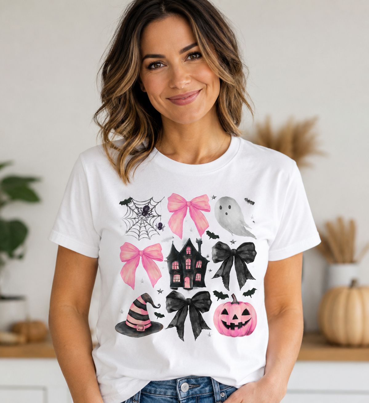 Coquette Halloween Haunted House Pink Bow T-Shirt