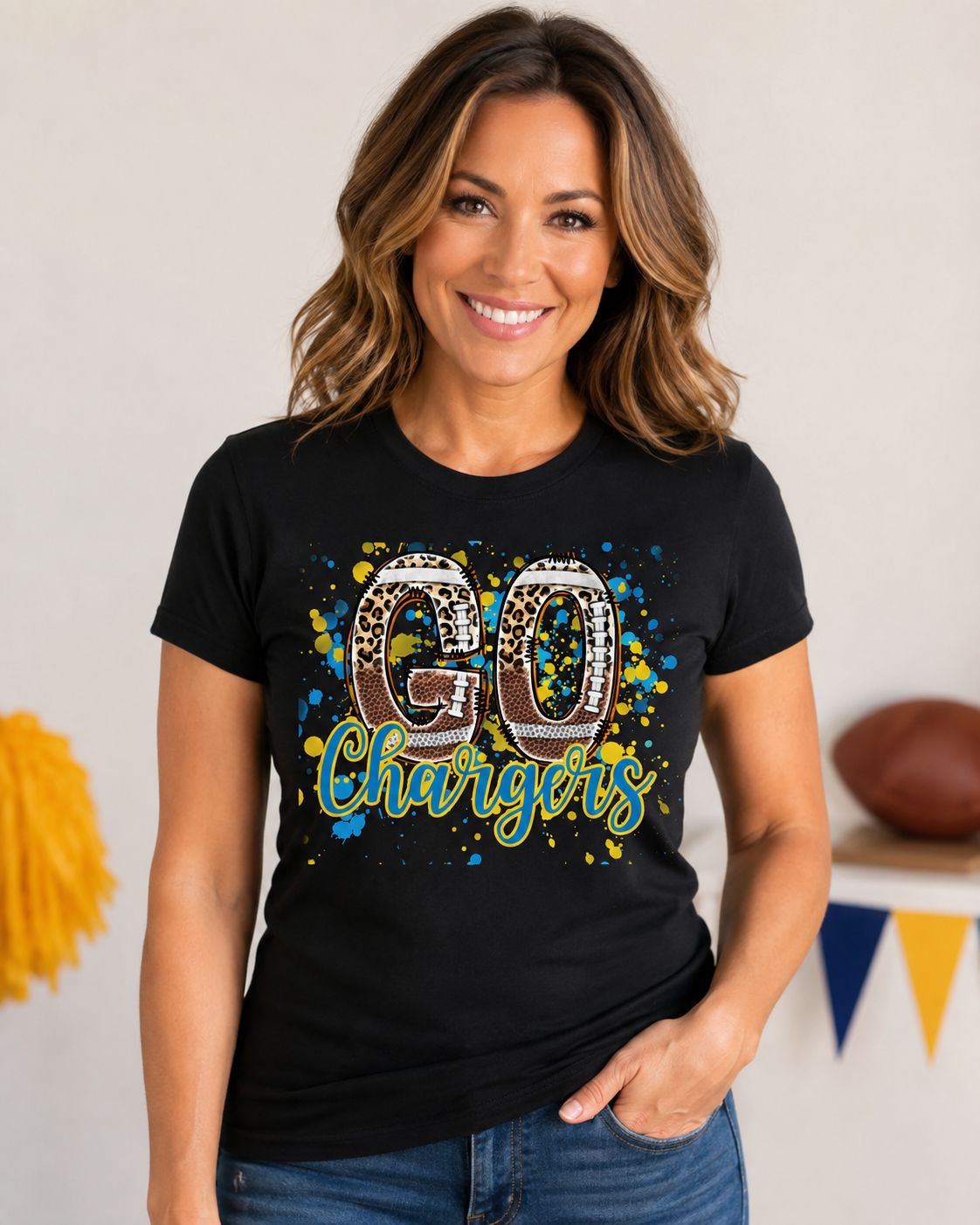 Go Chargers Women’s Football T-Shirt – Blue, Gold &amp; Leopard Print Game Day Tee