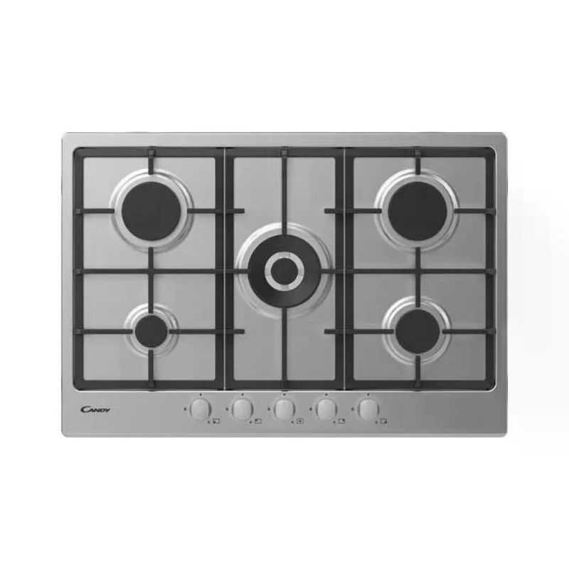 Candy CHG74WX Timeless Piano Cottura a Gas 74,5 cm, 5 Fuochi, Griglie in Ghisa, Inox