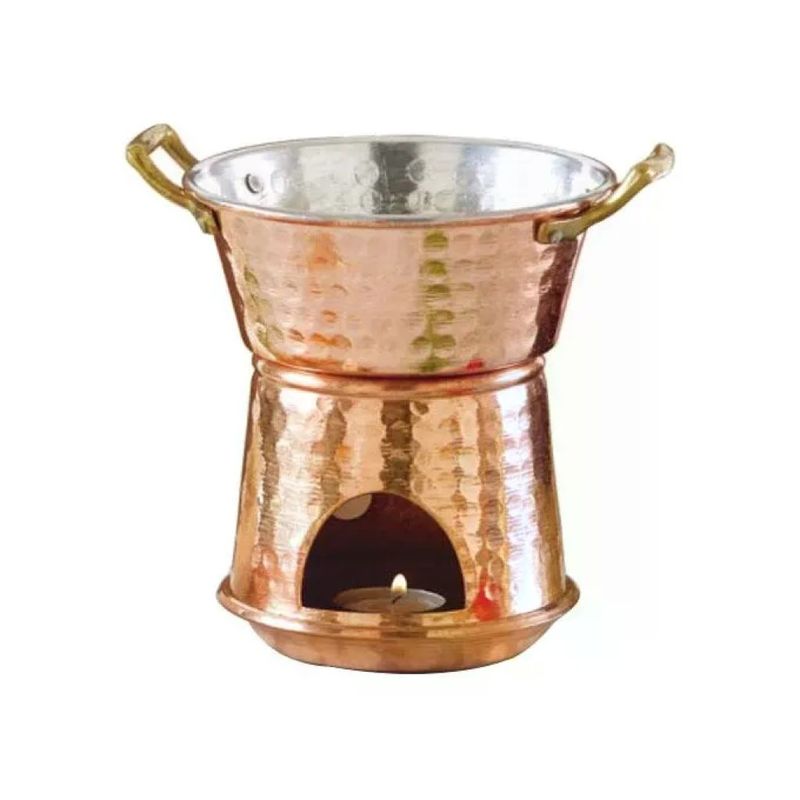 CU ARTIGIANA Fornellino Bagna Cauda in Rame Stagnato, Maniglie in Ottone, 14 × 17 cm