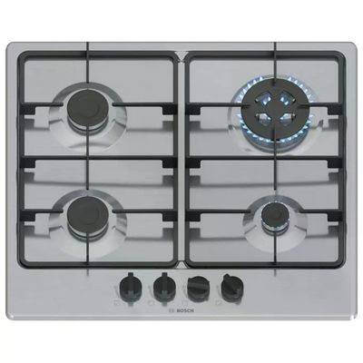 Bosch PGH6B5K60 Serie 4 Piano cottura a gas 60 cm 4 fuochi Wok 3300 W Griglie in Ghisa colore Acciaio Bosch PGH6B5K60 Serie 4 Piano cottura a gas 60 cm 4 fuochi Wok 3300 W Griglie in Ghisa colore Acciaio