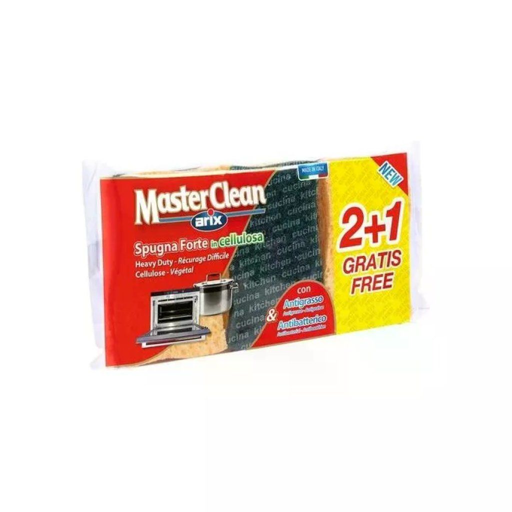ARIX MasterClean Spugne Abrasive Forti in Cellulosa Vegetale, Antibatteriche, 3 Pezzi