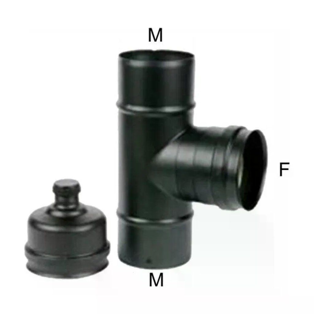 Maral Gomito a T in acciaio inox 10 cm con tappo d’ispezione nero