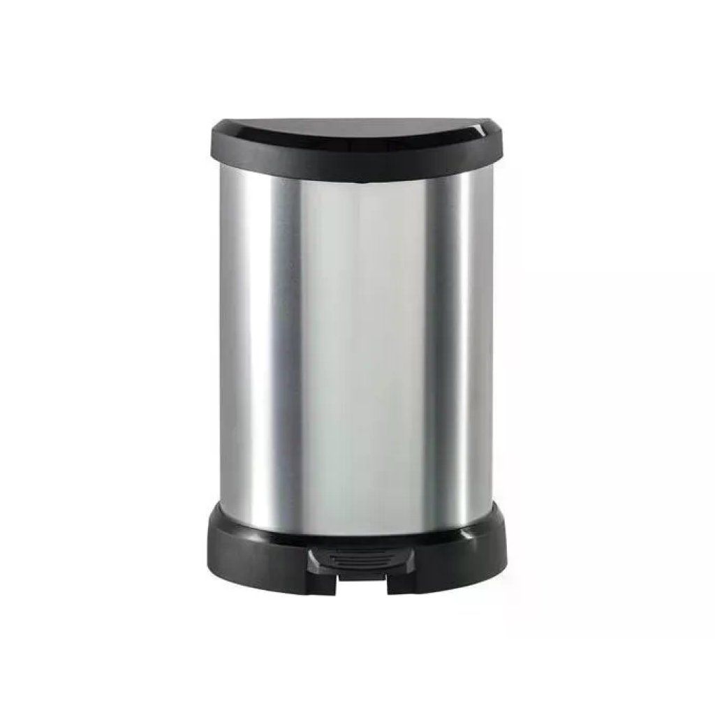 Curver Deco Bin D-Shape Pattumiera a Pedale 20 L, Effetto Metallico Argento e Nero