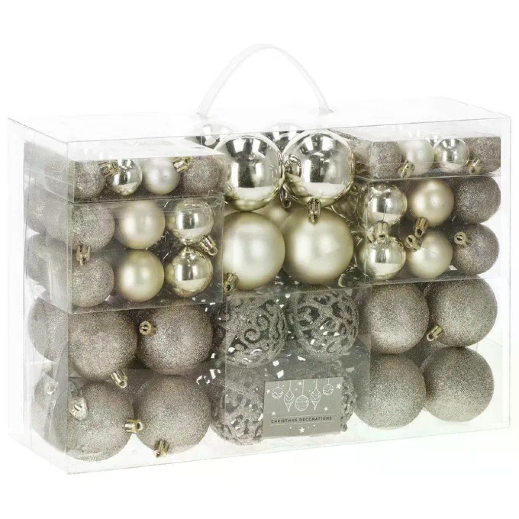 Decoris 8719152059508 Palline di Natale in Plastica 100 Pezzi Oro Chiaro Mix di Finiture