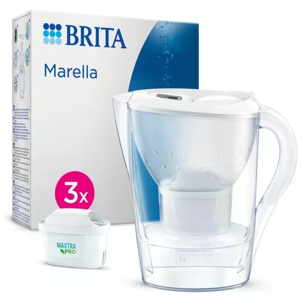 BRITA Marella Caraffa Filtrante 2,4 L con 3 Filtri MAXTRA PRO, Memo Elettronico, Bianca