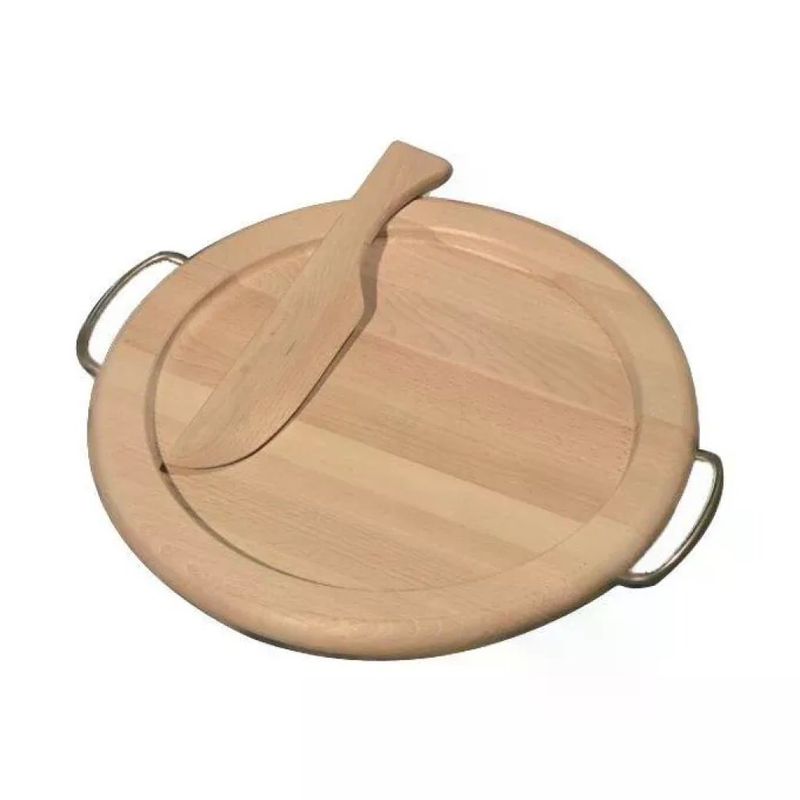 Checco R35 Tagliere Tondo in Faggio 35 cm con Coltello e Maniglie Nichelate