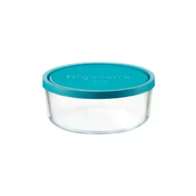 Bormioli Rocco Frigoverre Basic Contenitore Tondo in Vetro 18 cm, 1,6 L, con Coperchio Azzurro