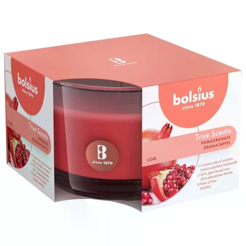 Bolsius True Scents Candela Profumata al Melograno, Bicchiere Rosso, 24h