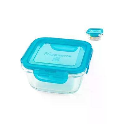 Bormioli Rocco Frigoverre Evolution – Contenitore ermetico quadrato in vetro, 420 ml, 12 × 12 cm, azzurro