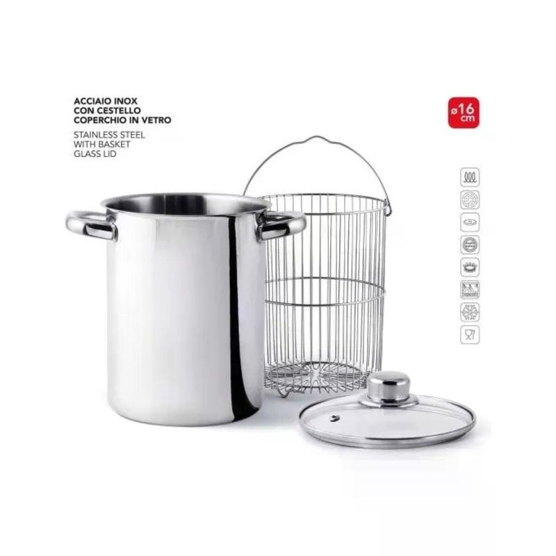 PROMAB Abert HOTPOT Asparagiera in Acciaio Inox, 16 cm, con Cestello e Coperchio in Vetro