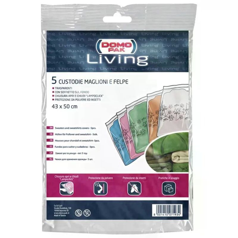 CUKI Domopak Living Sacchetti Antipolvere per Maglioni e Felpe, 43 x 50 cm, 5 Pezzi