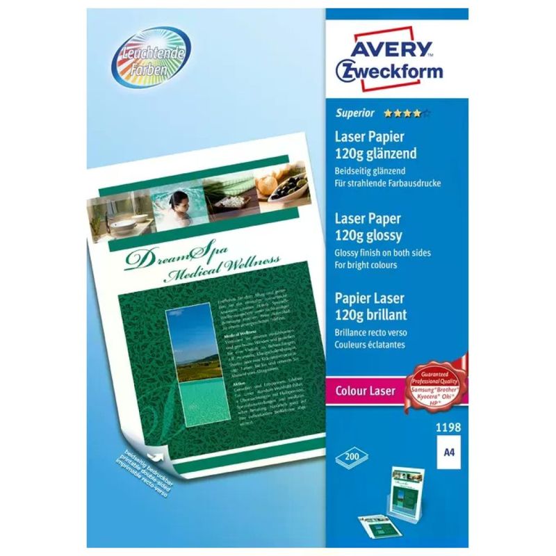 Avery 1198 Carta Fotografica A4 Laser Lucida, 120 g/m², 200 Fogli